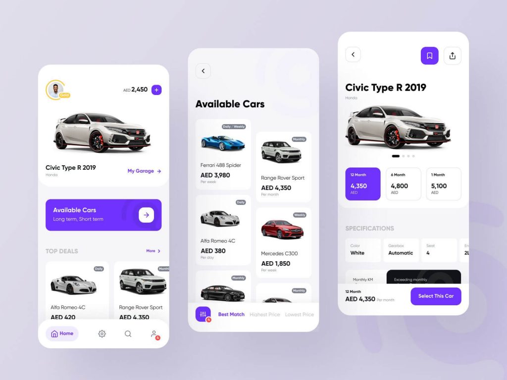 car rental app features