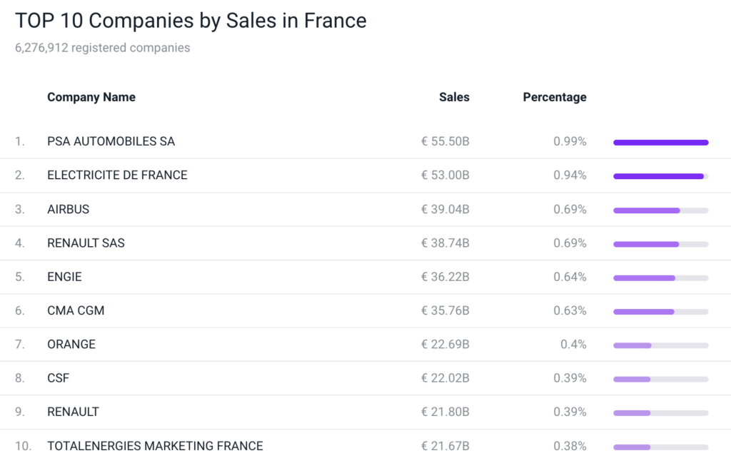 Top 10 companies in France as per Sales