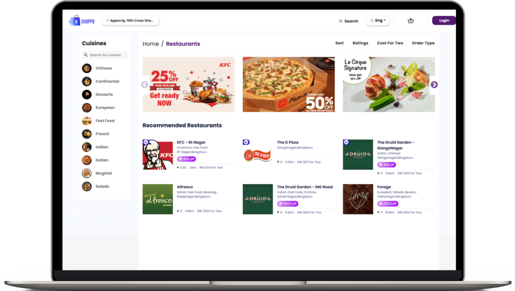 Food delivery software customer website Home page