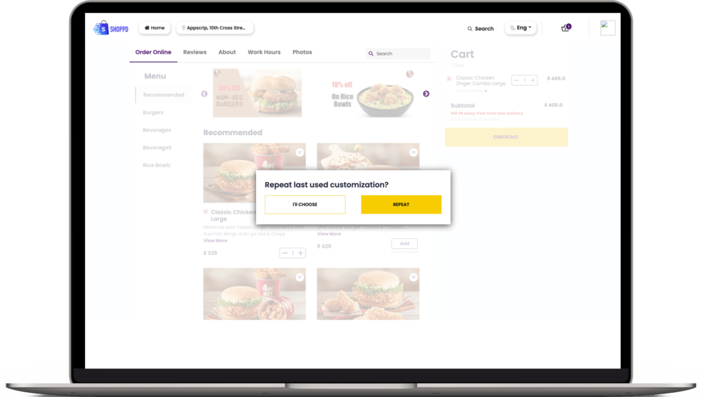 Food delivery software order customization option in customer website