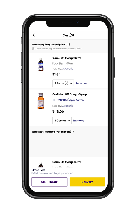 Medicine delivery app self pick up option