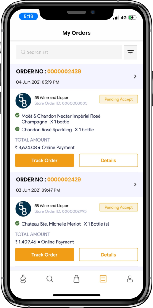 alcohol delivery software order history